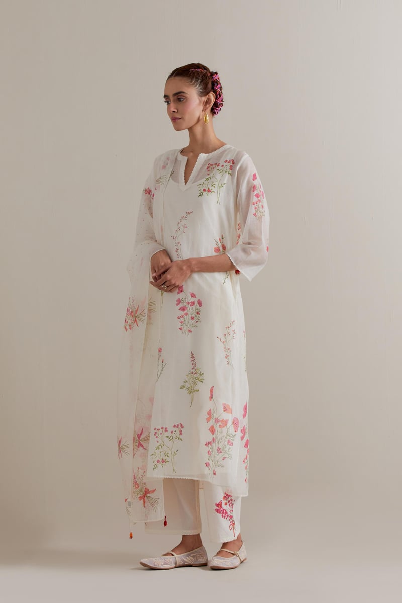 Off-White Floral Hand Block Print Kurta Set with Dupatta