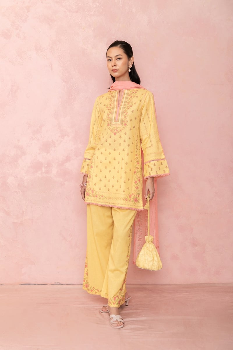 Yellow Floral Printed Straight Kurta Set With Dupatta