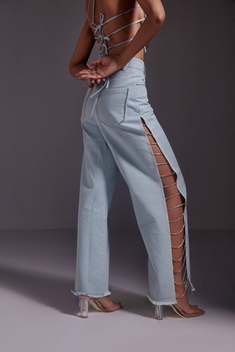 Blue Wide-Leg High-Waist Jeans with Rhinestone Side Slit