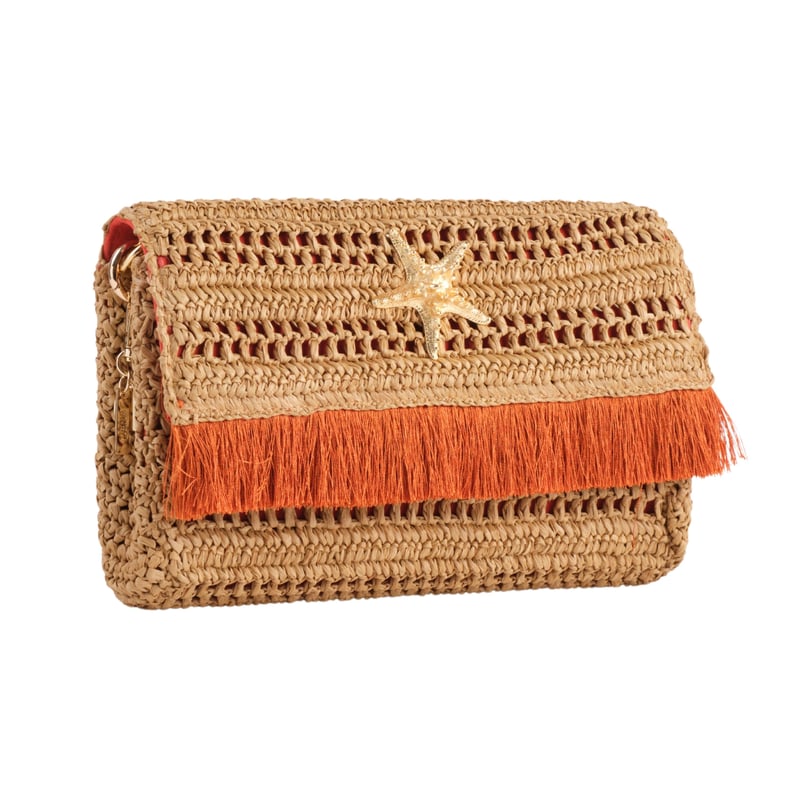 Jena Slim Raffia Clutch With Gold Emblem