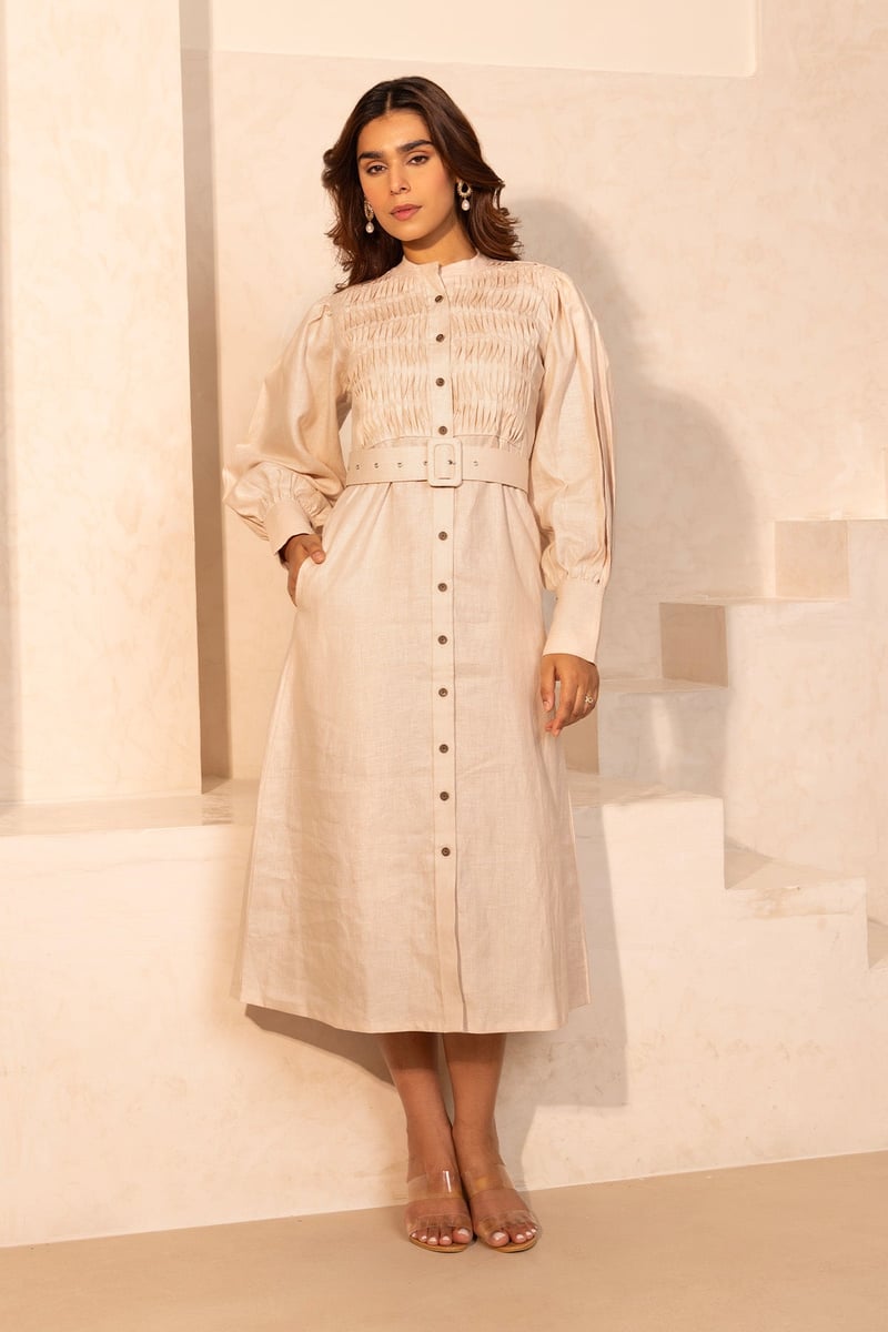 Beige Hemp Midi Shirt Dress with Belt — SHIBUI