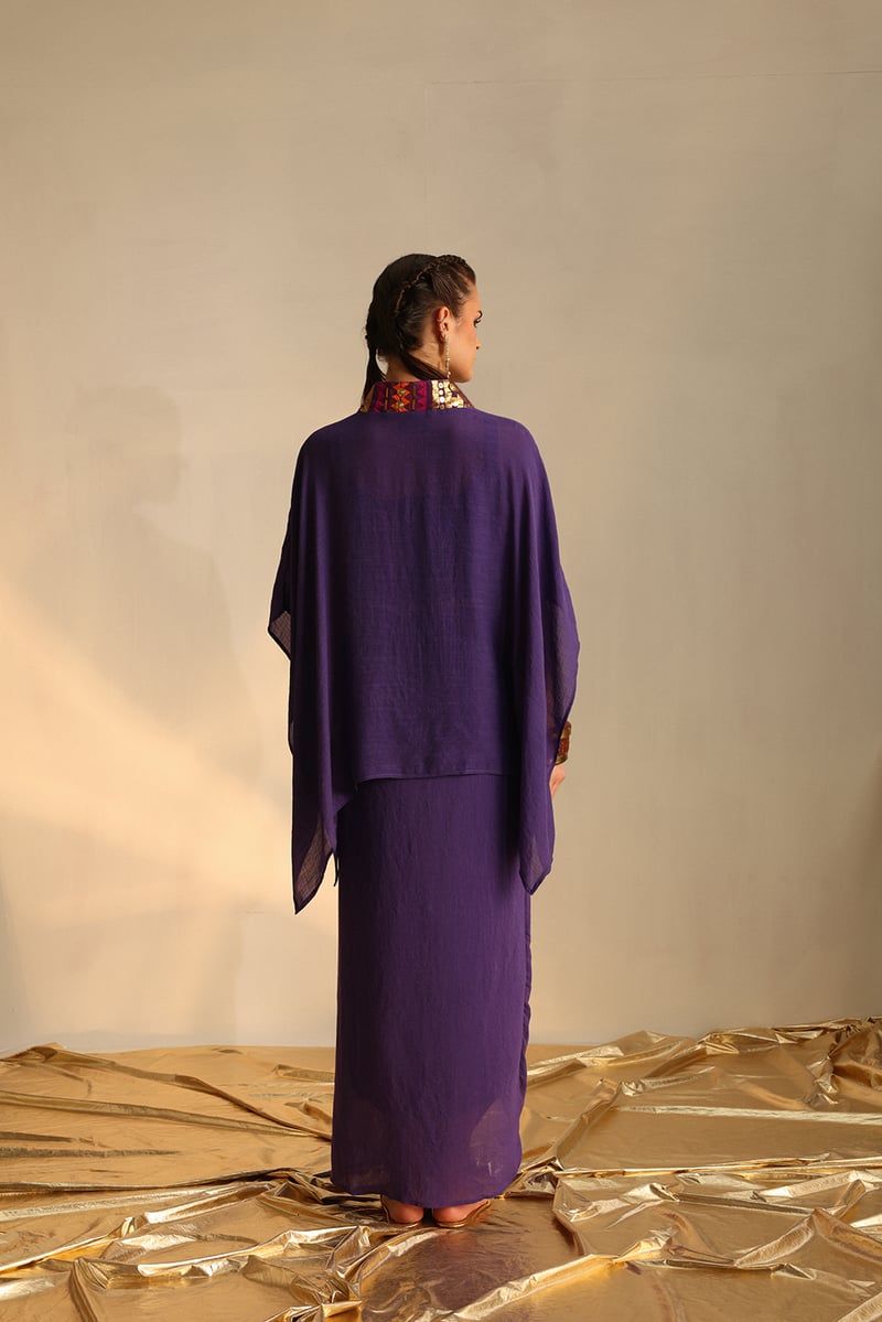 Purple V-Neck Poncho and Draped Maxi Skirt Co-ord Set
