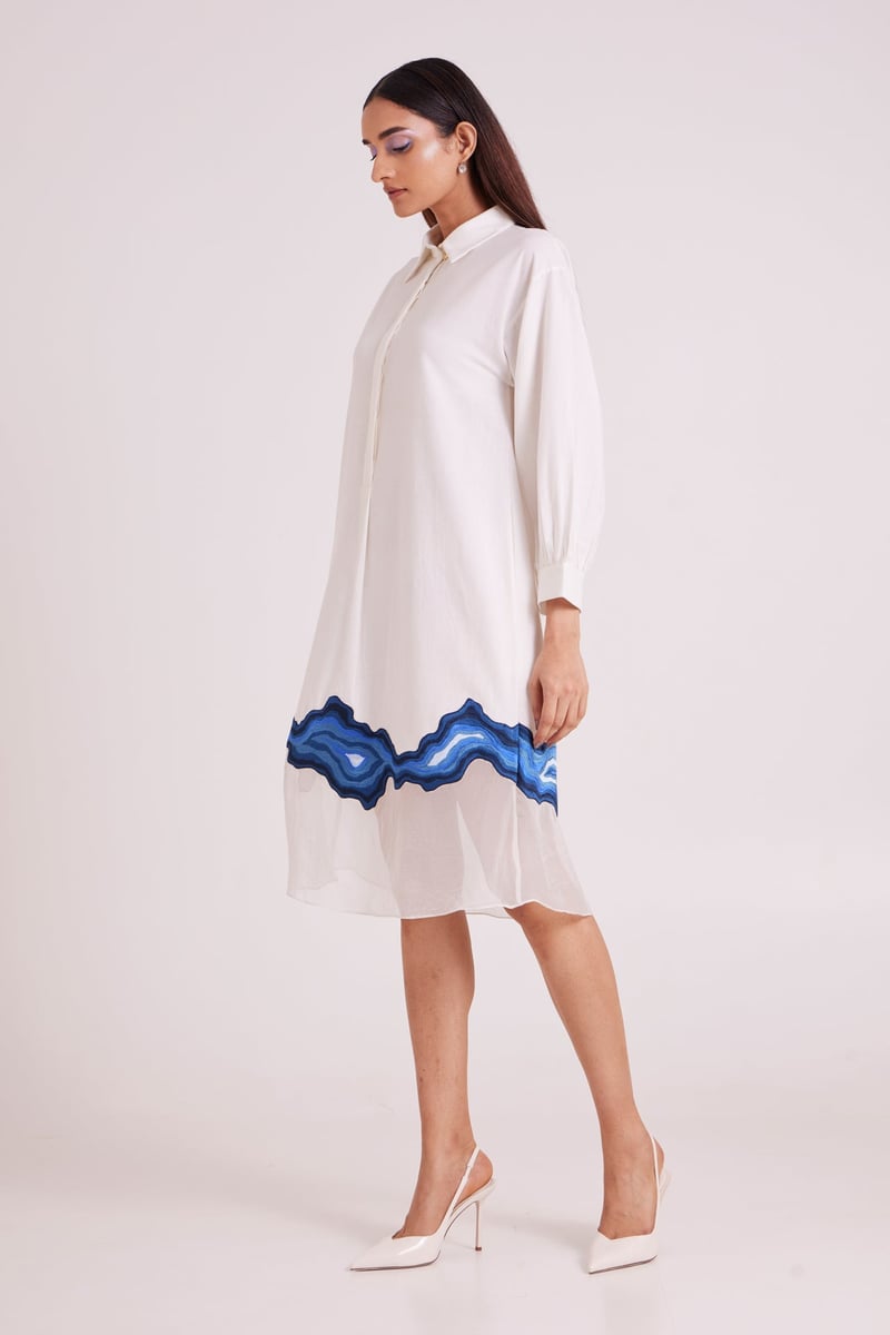 Ivory Midi Shirt Dress with Blue Hem Border