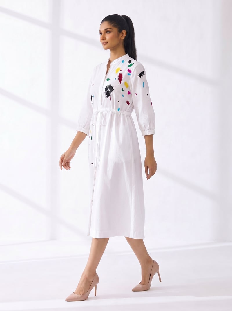 White Abstract Print Midi Shirt Dress with Waist Tie