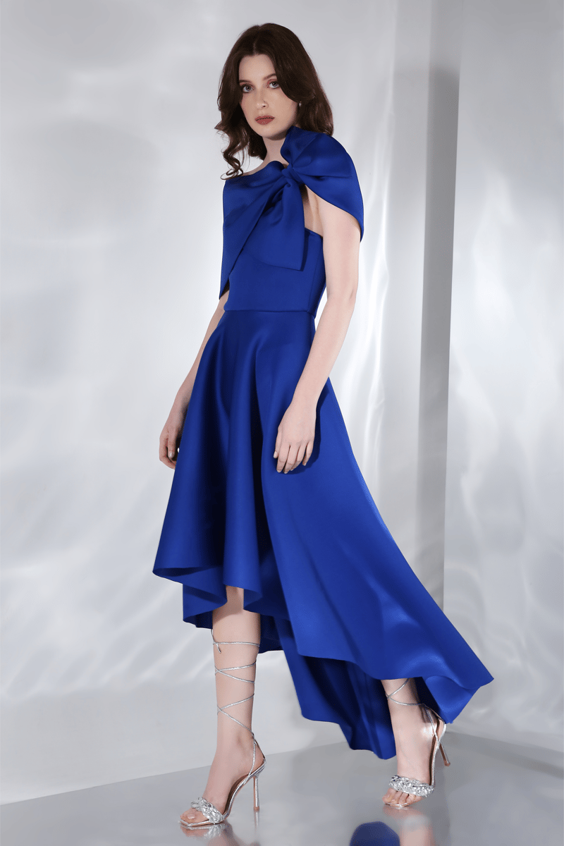 Blue Strapless Fit and Flare High-Low Midi Dress Set