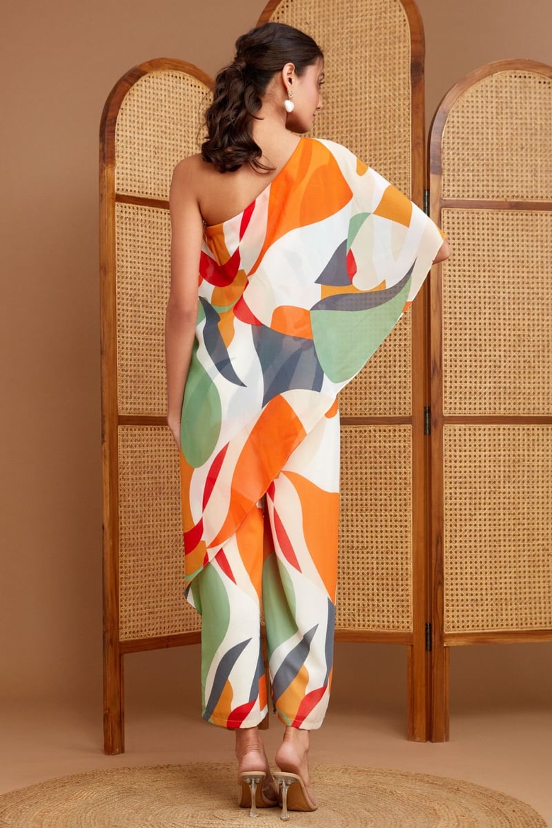 Multicolor One-Shoulder Abstract Print Georgette Jumpsuit