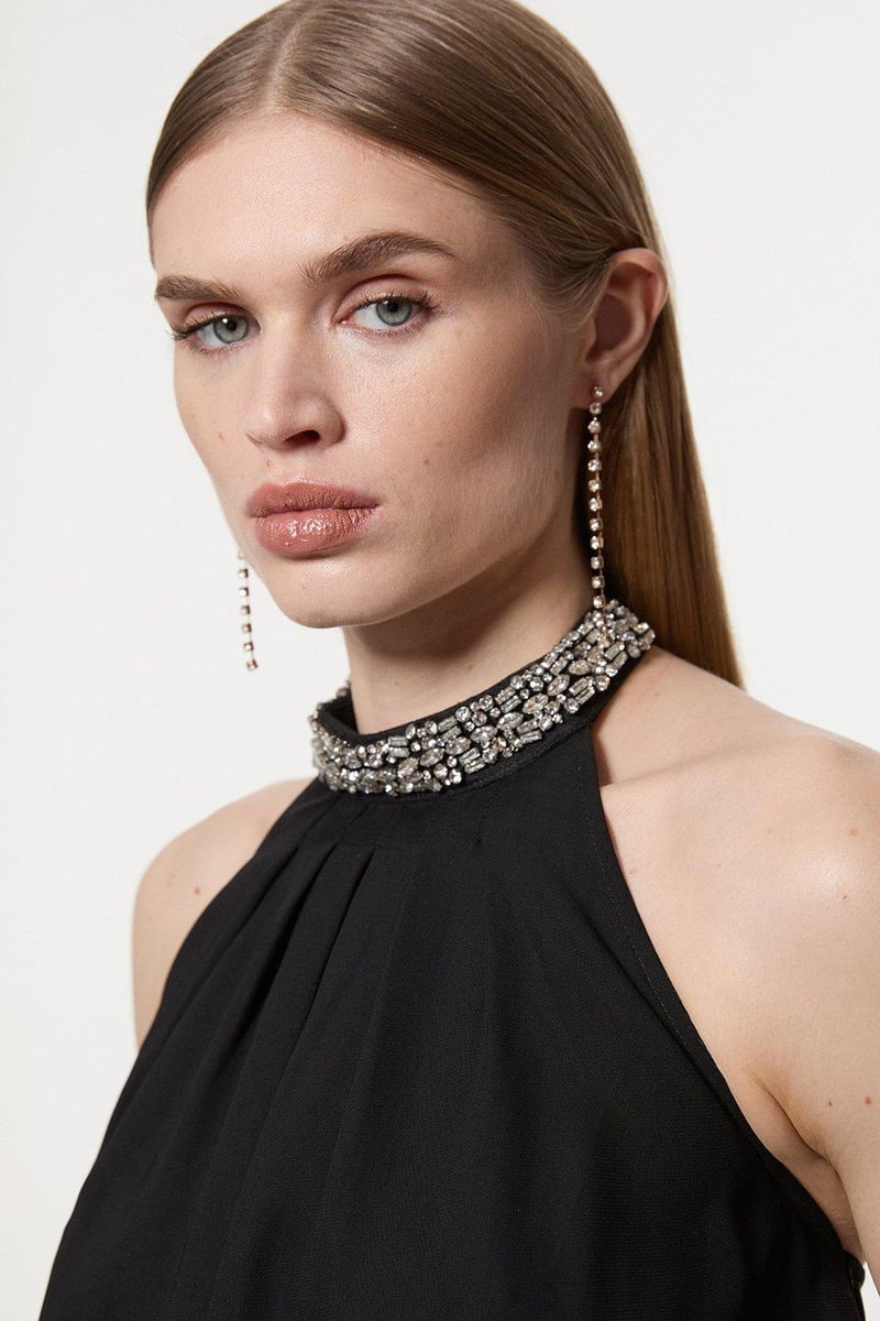 Black Embellished Halter Neck Tie-Back Blouse