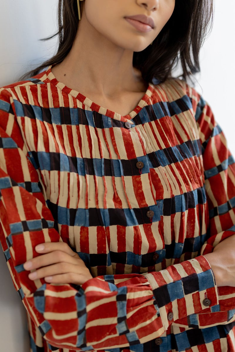 Multicolor Block Print Striped Pintuck Tunic Kurta
