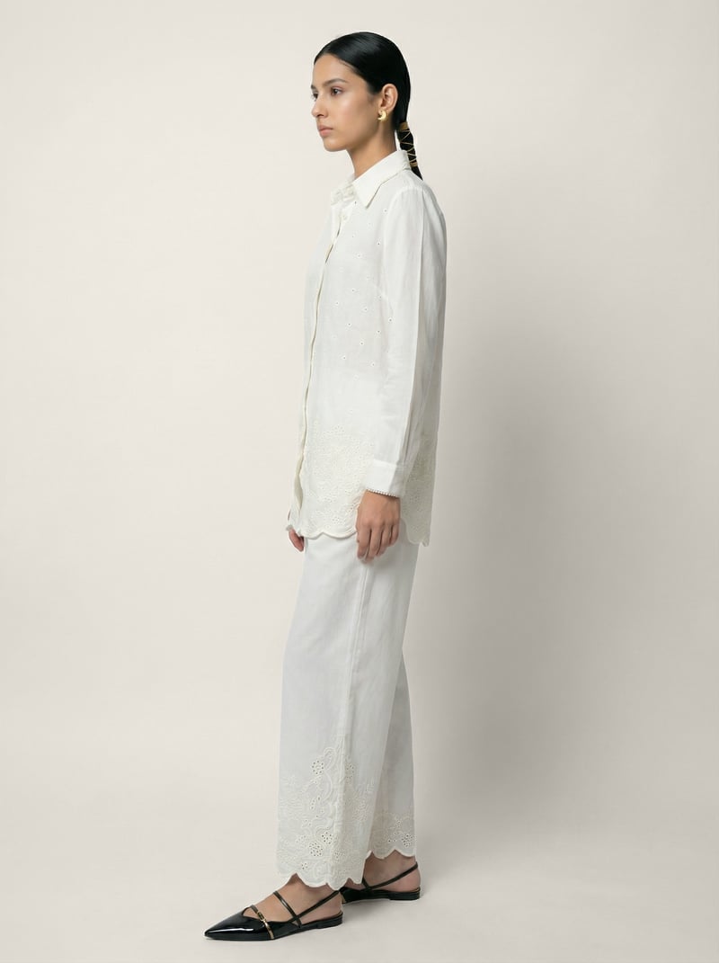White Schiffli Shirt and Wide-Leg Pants Co-ord Set