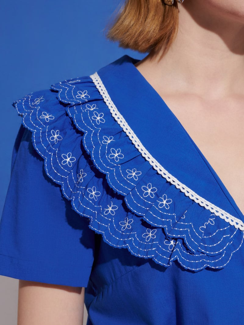 Cobalt Blue Embroidered Ruffle Collar Button-Down Blouse