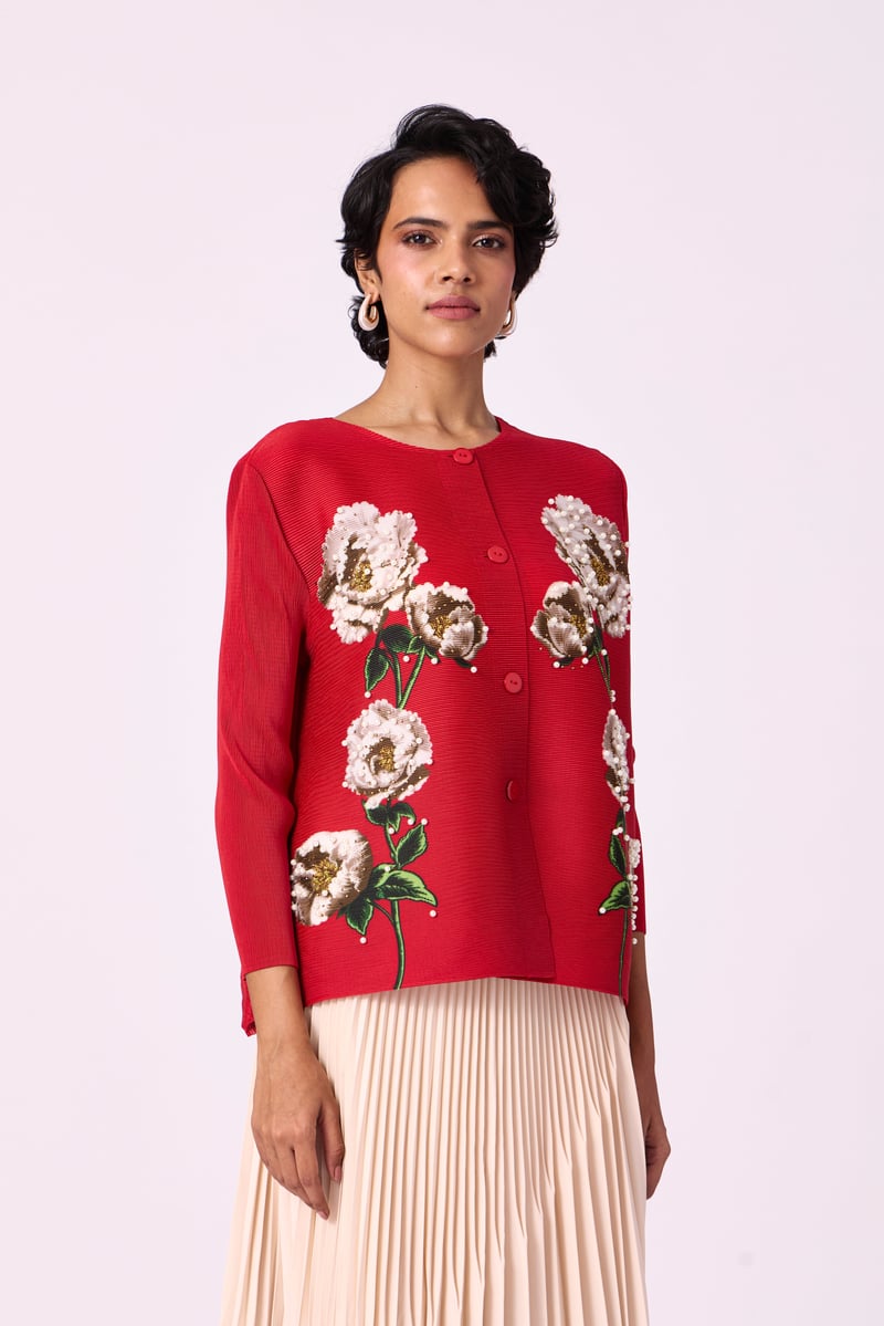 Red Pleated Floral Button-Down Shirt with Pearl Accents