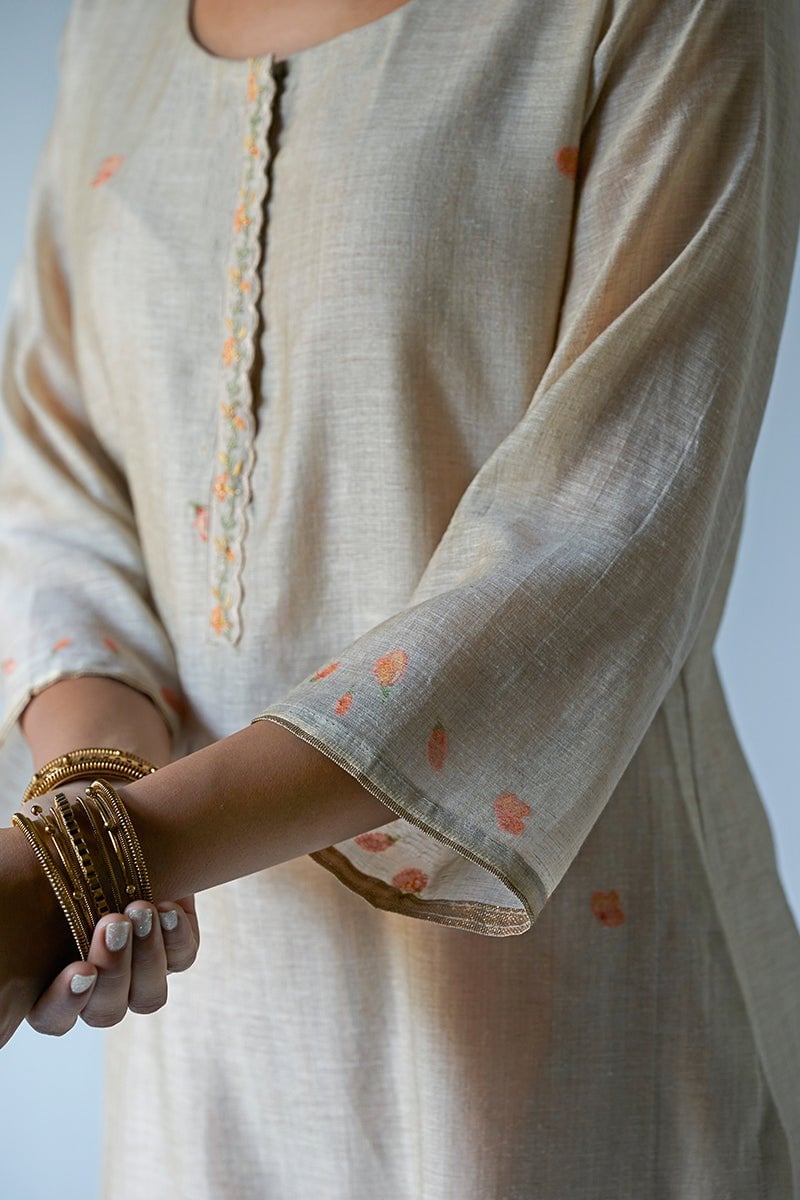 Beige and Saffron Embroidered Kurta Suit Set with Dupatta
