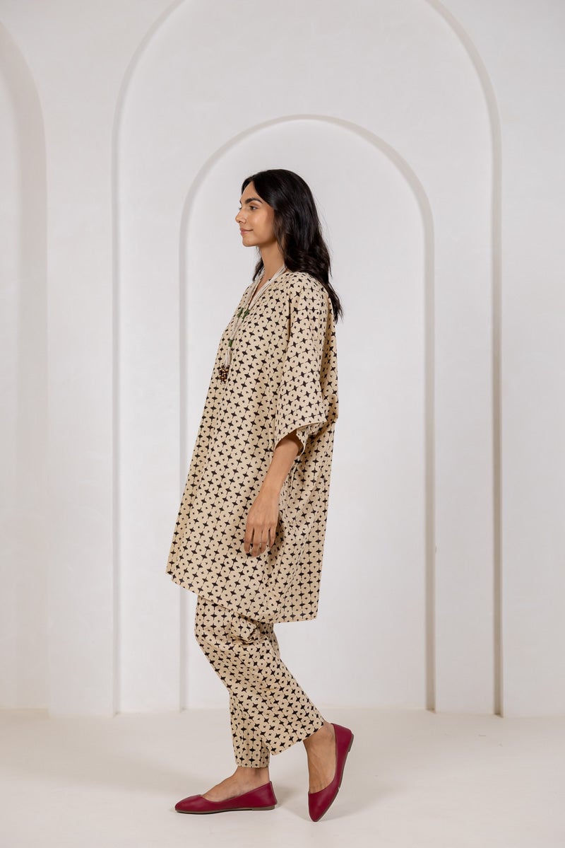 Beige Block Print Kaftan Top and Pants Co-ord Set
