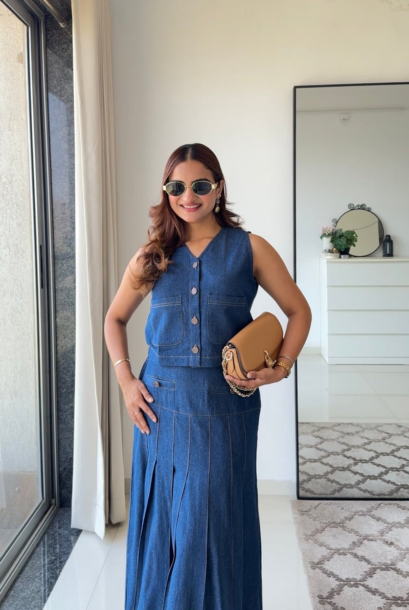 Blue Denim Vest and Pleated Midi Skirt Co-ord Set
