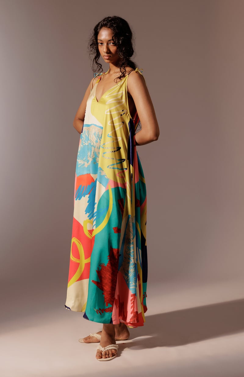 Multicolor Abstract Print Tie-Up Strap Satin Maxi Dress