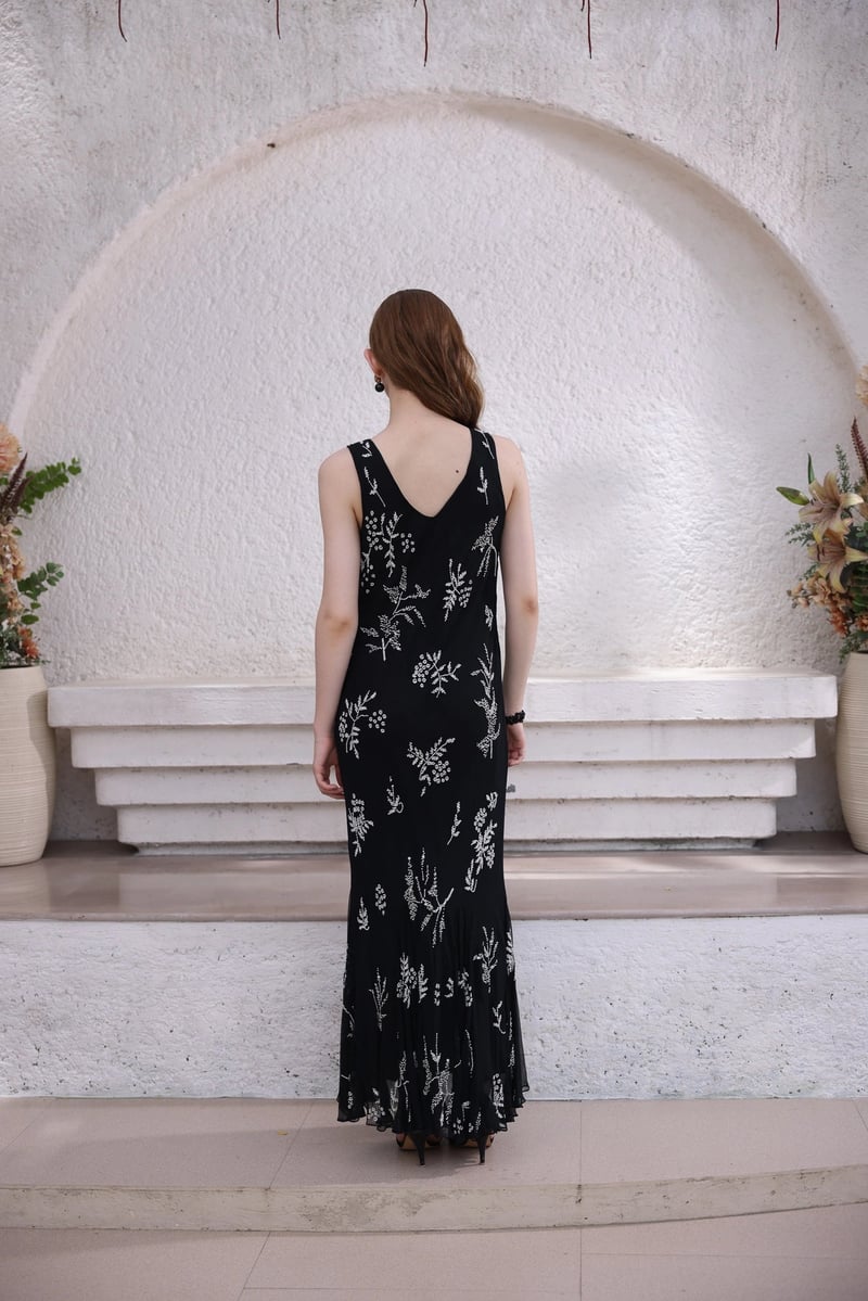 Black Hand-Beaded Bias-Cut Midi Slip Dress