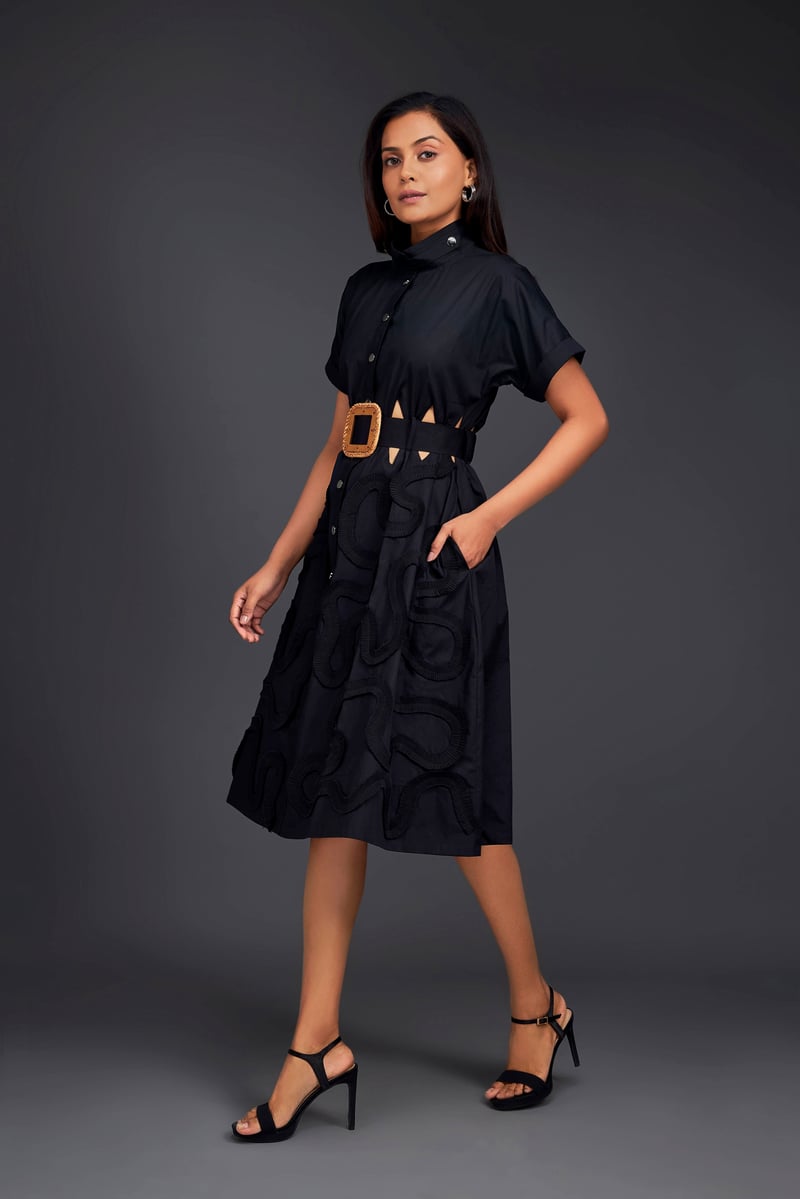 Black Midi Shirt Dress with Belt and Waist Cut-Outs