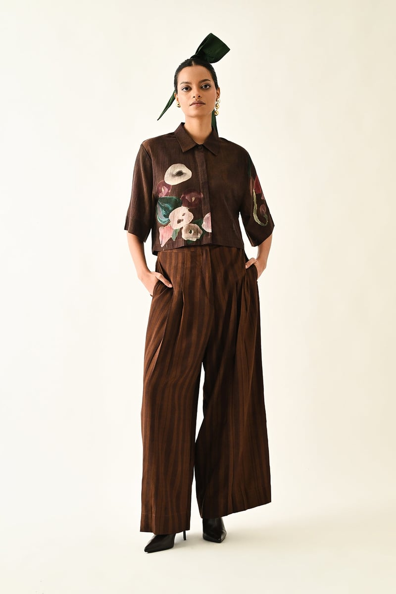 Brown Wide-Leg Pleated Abstract Print Trousers