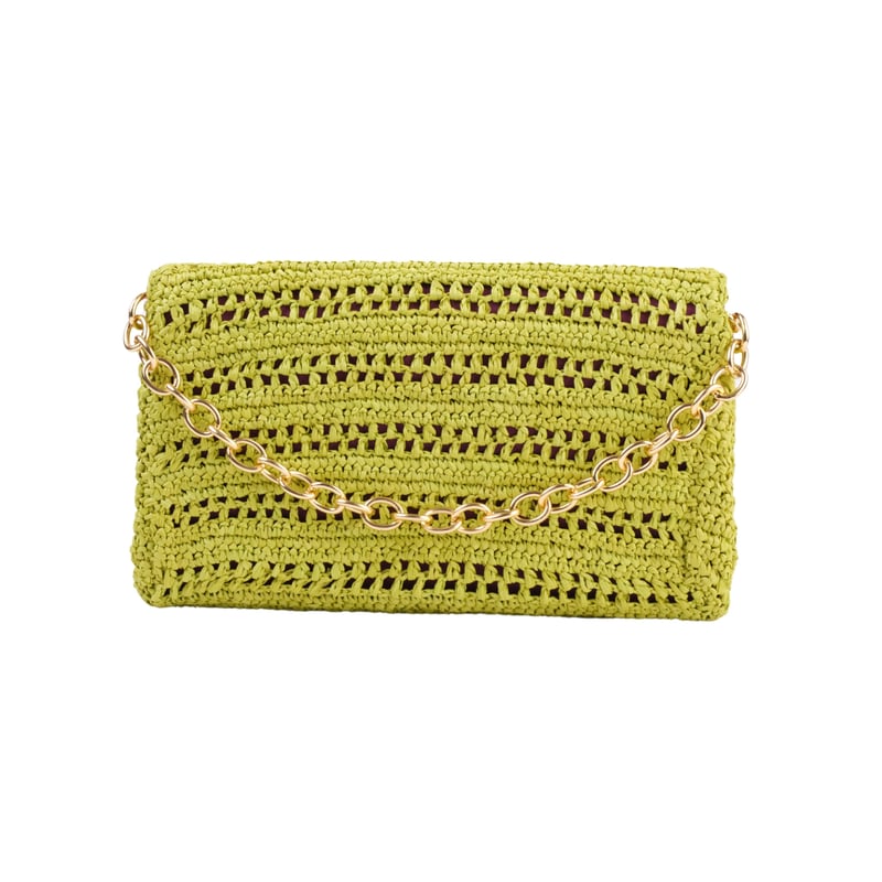 JENA Poppy Green Slim Raffia Clutch with Gold Emblem