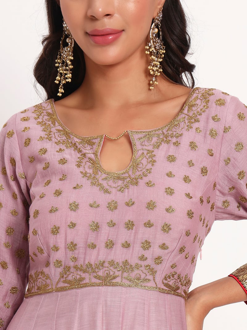 Lilac Mal Chanderi Anarkali Set with Pants and Dupatta
