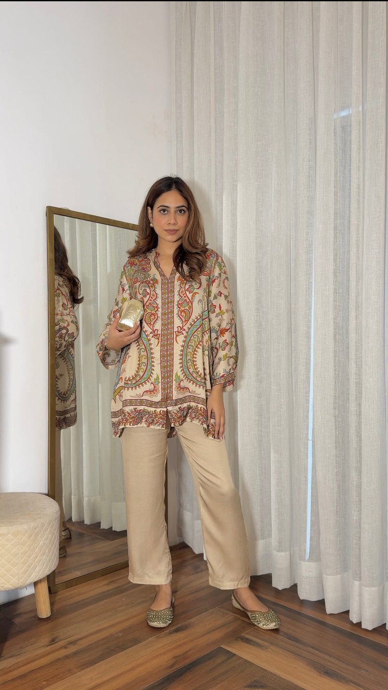 Beige Printed Crepe Co-ord Set with Straight Pants
