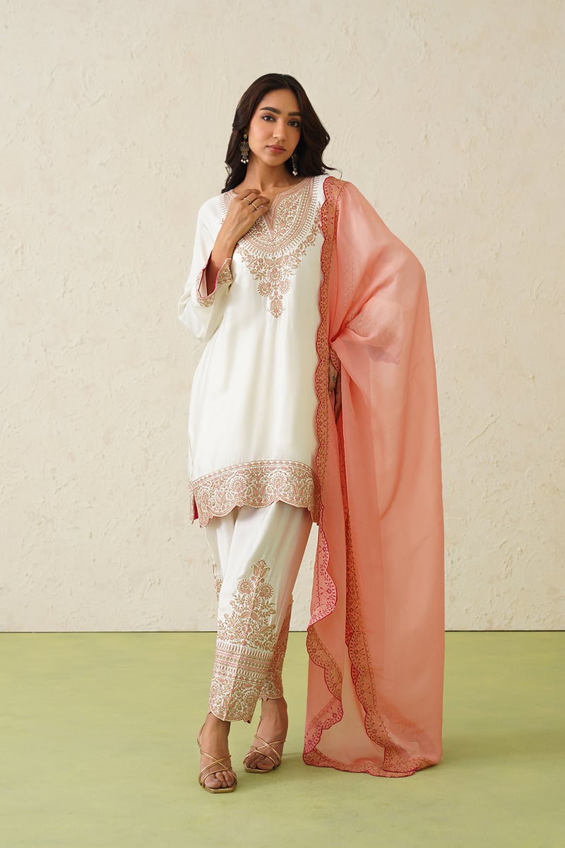 Cream Embroidered Kurta Set with Peach Organza Dupatta