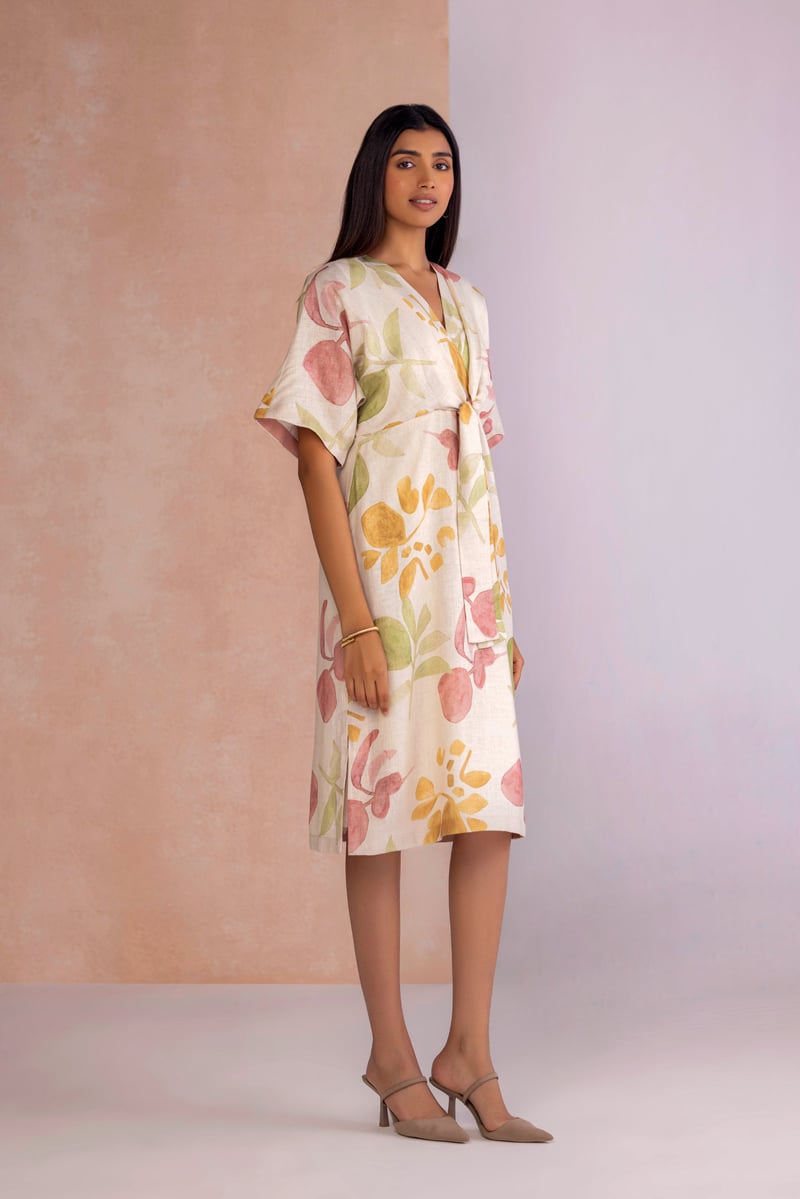 Off-White Watercolor Floral Tie-Waist Knee Dress