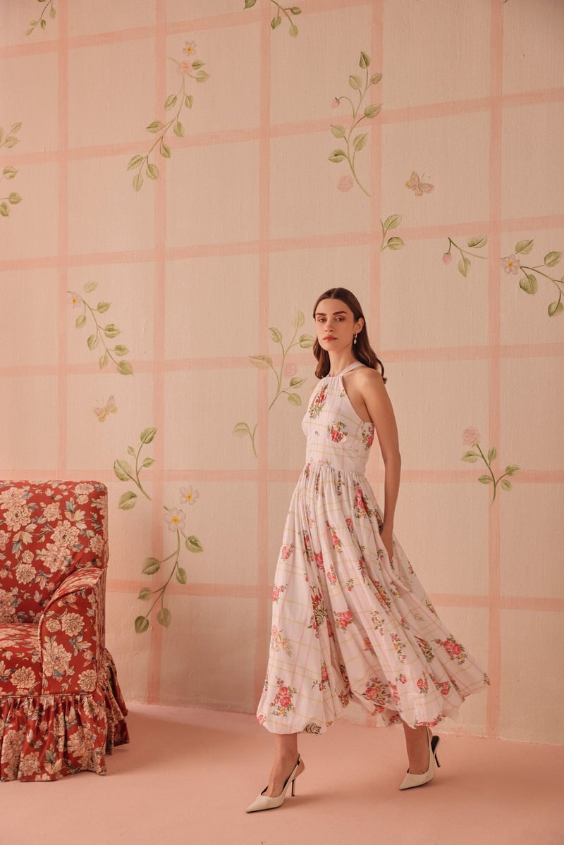 White Floral Check Halter Neck Fit and Flare Midi Dress