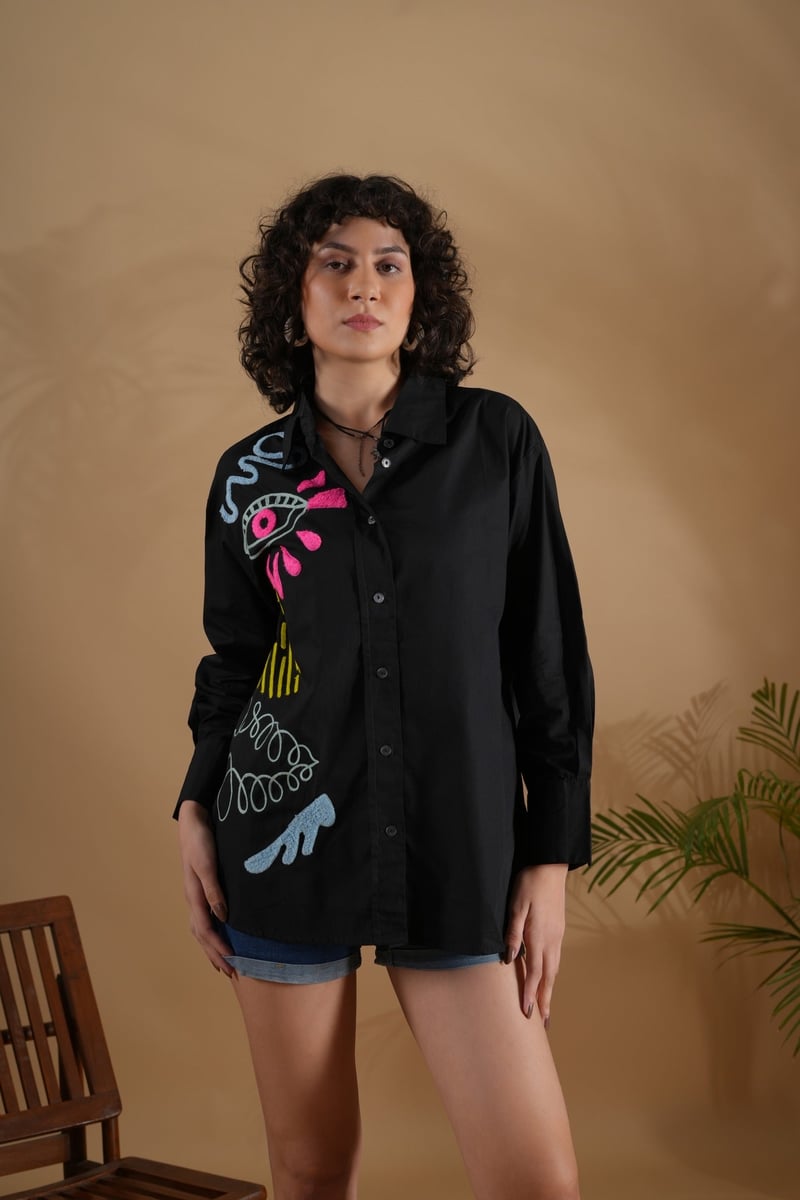 Black Oversized Embroidered Cotton Shirt — Brand New Brand