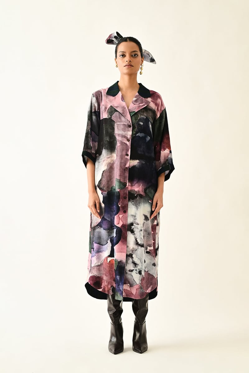 Multicolor Abstract Print Button-Front Midi Shirt Dress