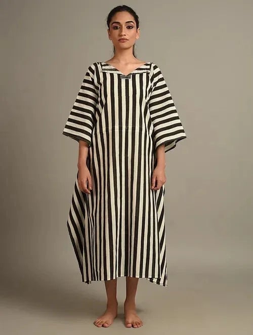 Black and White Striped Cotton Midi Kaftan