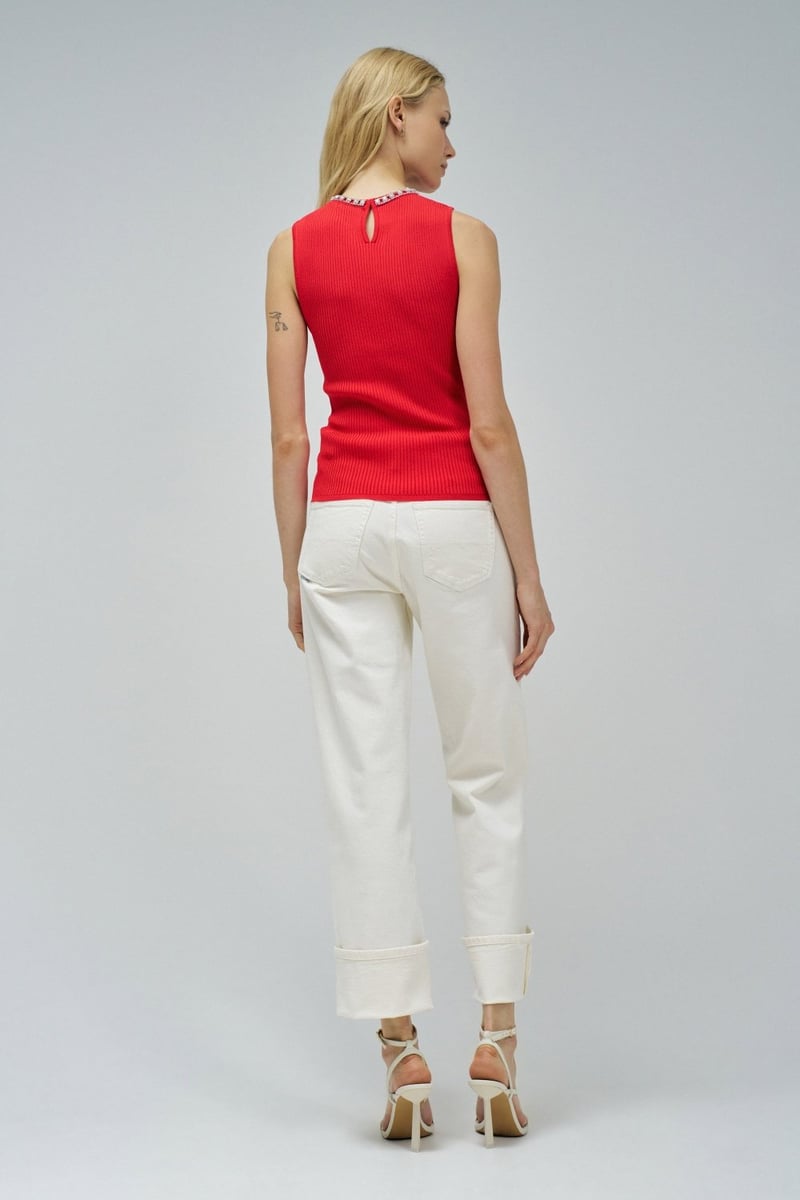 Red Ribbed Sleeveless Top with Embellished Neckline
