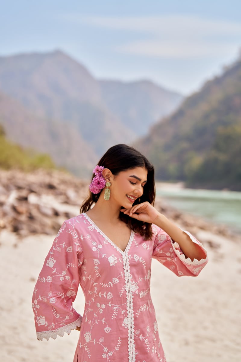 Pink Cotton Embroidered Kurta Set with Lace Trim