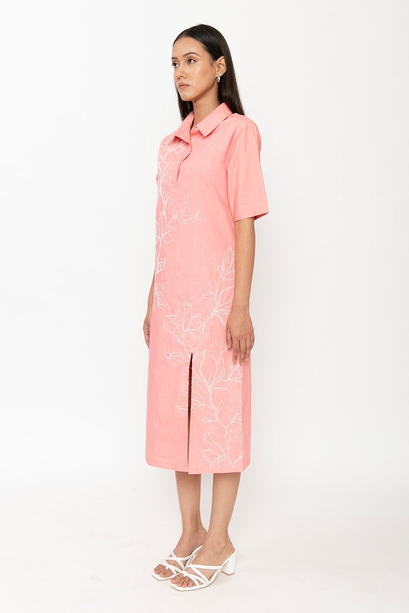 Pink Polo Collar Midi Dress with White Embroidery