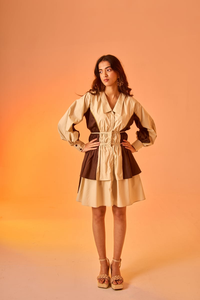 Beige and Brown Colorblock Fit and Flare Mini Dress — An'era by Asmita Verma