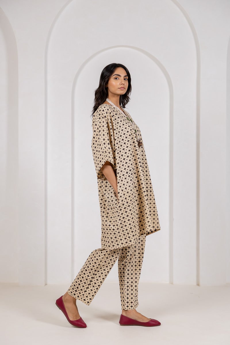 Beige Block Print Kaftan Top and Pants Co-ord Set