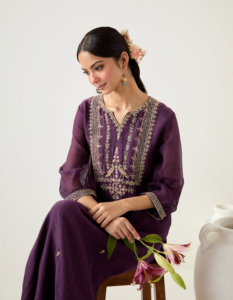Purple Chanderi Zardozi Embroidered Kurta Set with Pants