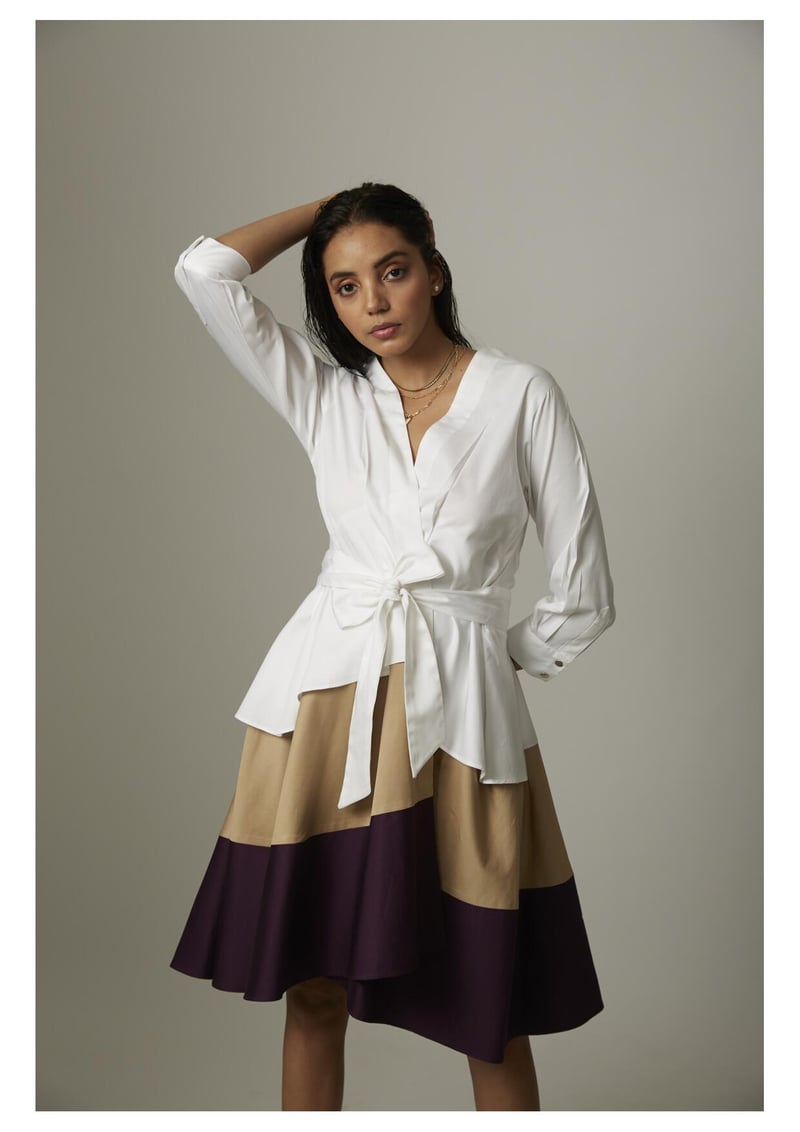 White/Beige/Wine Colorblock High-Low Wrap Tie Dress