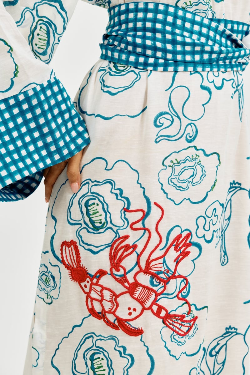 White and Blue Printed Belted Midi Dress