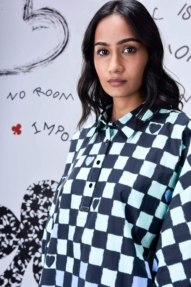 Blue Green Chessboard Check Free Size Oversized Shirt