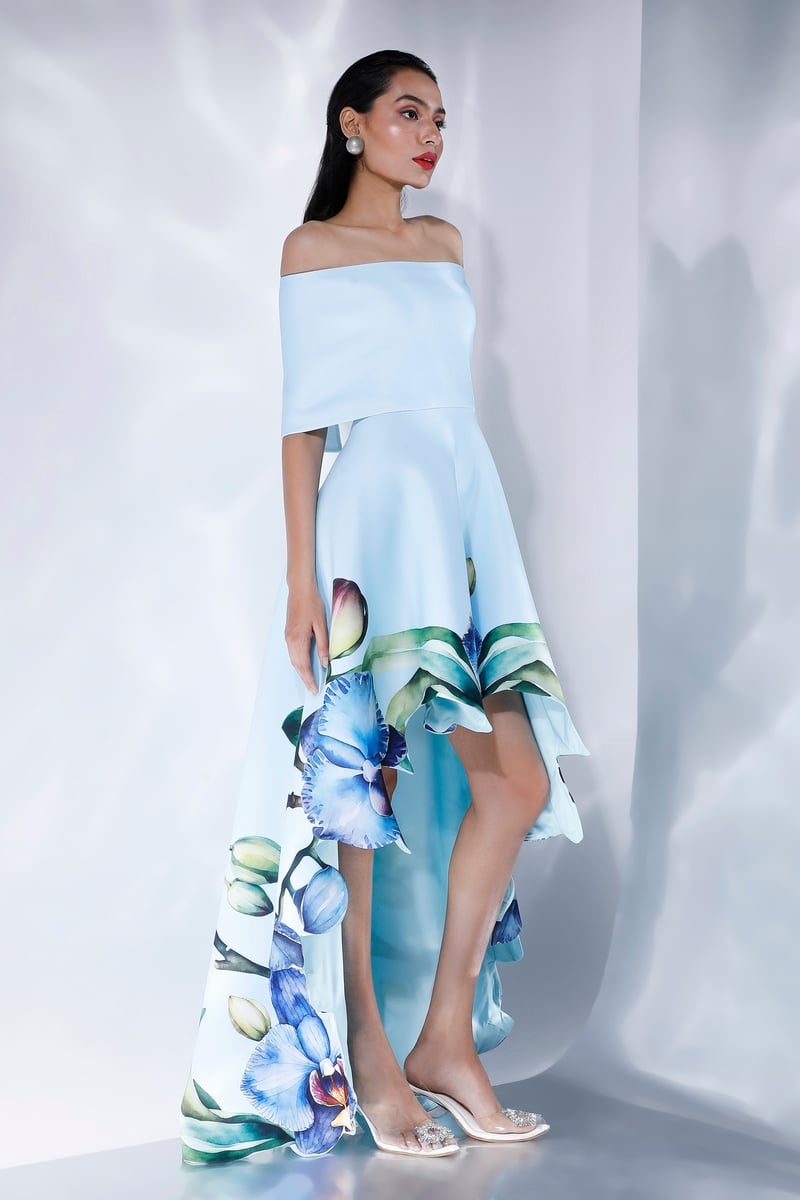 Light Blue Off-Shoulder High-Low Floral Print Maxi Dress