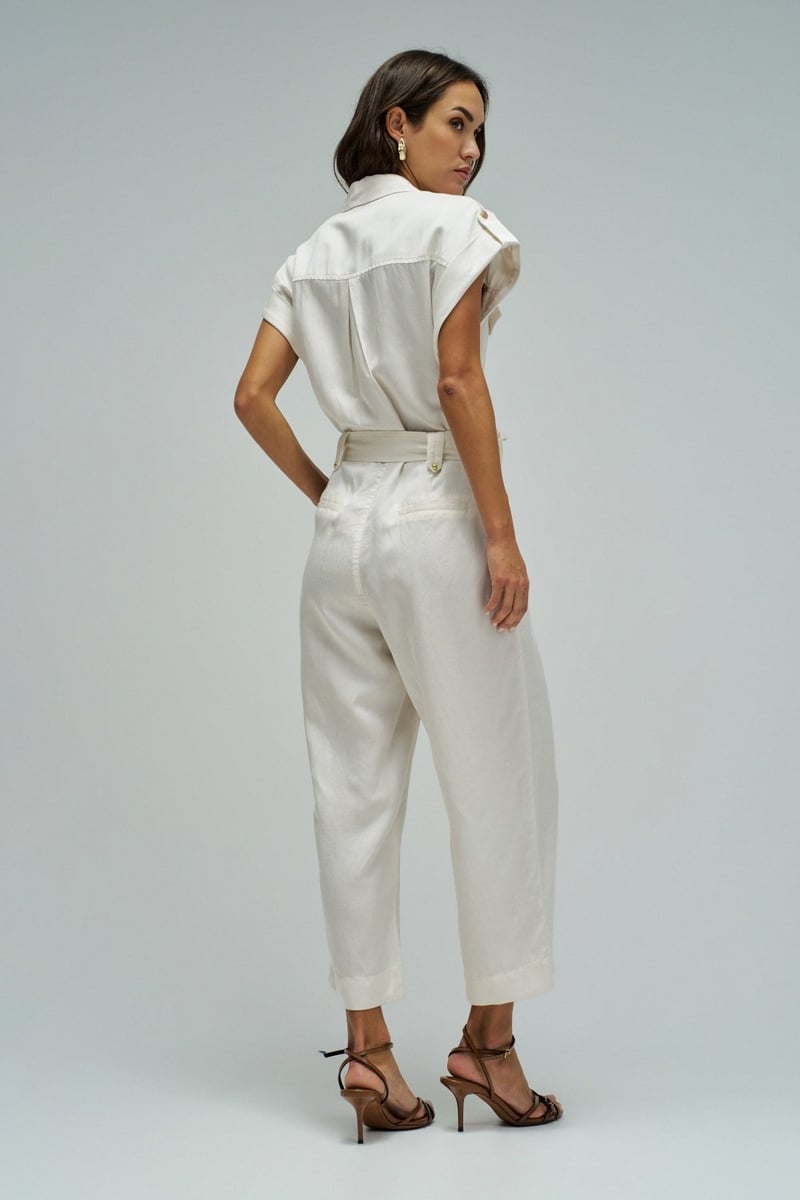 Light Beige Belted Shirt Jumpsuit with Button Front