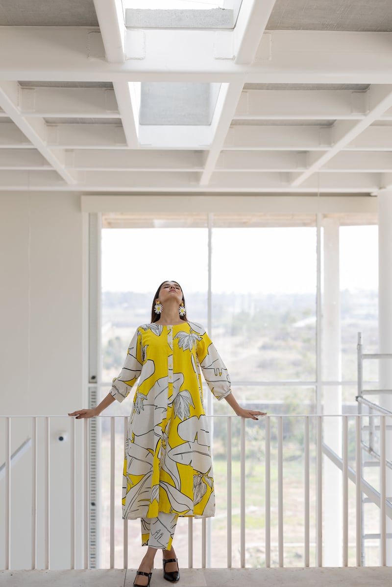 Yellow Banana Leaf Print Button-Down A-Line Kurta Set