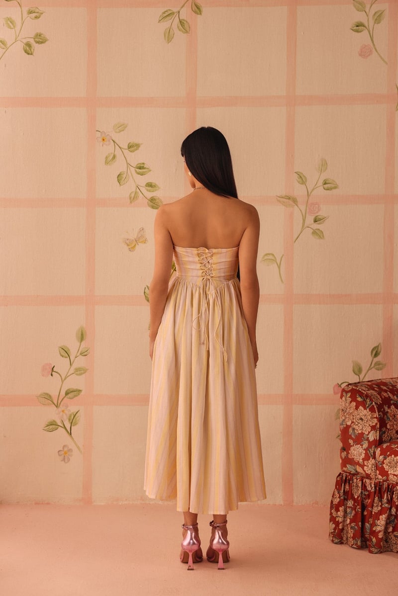 White and Yellow Striped Strapless Fit and Flare Midi Dress
