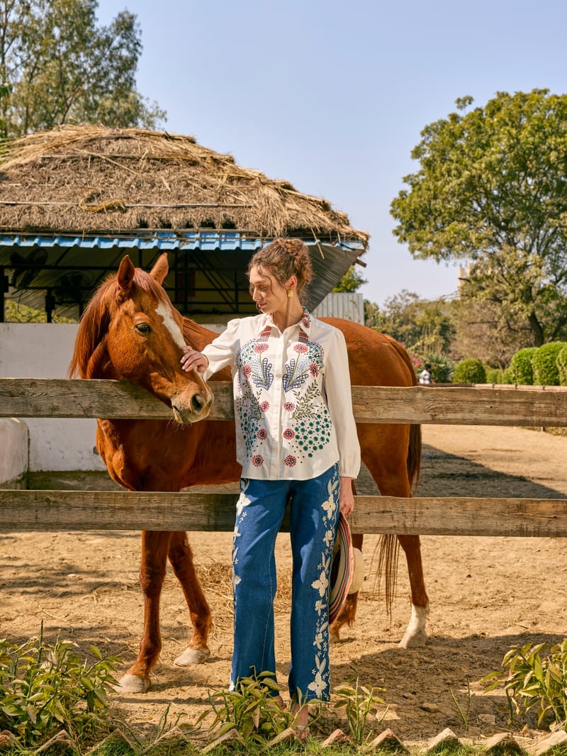 White Embroidered Cotton Button-Down Shirt
