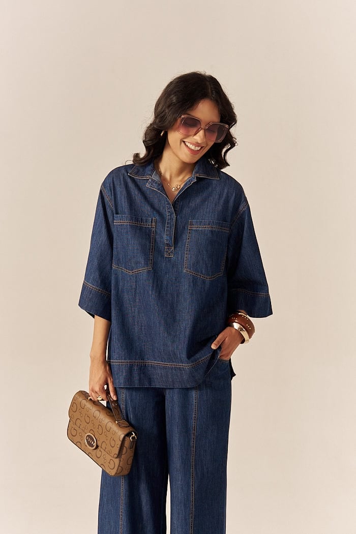 Blue Denim Shirt and Flared Pants Co-ord Set