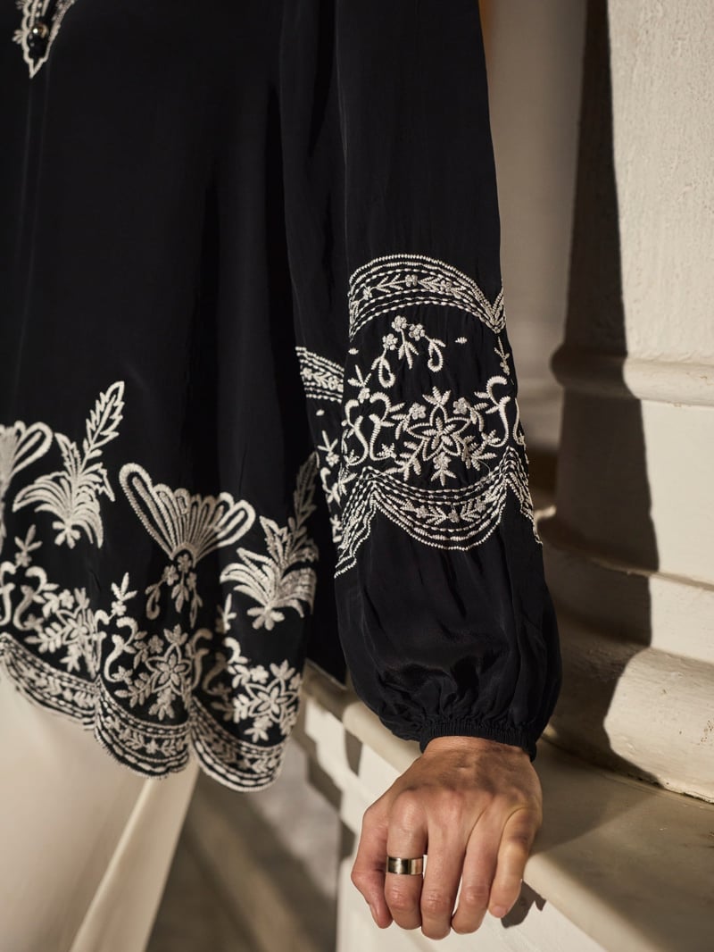 Black Embroidered Tie-Up Neck Flowy Top