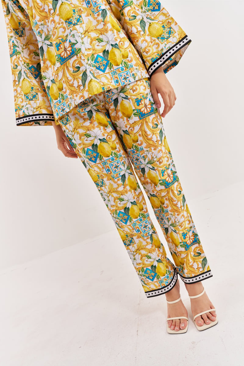 White and Yellow Lemon Print Co-ord Set with Mandarin Collar