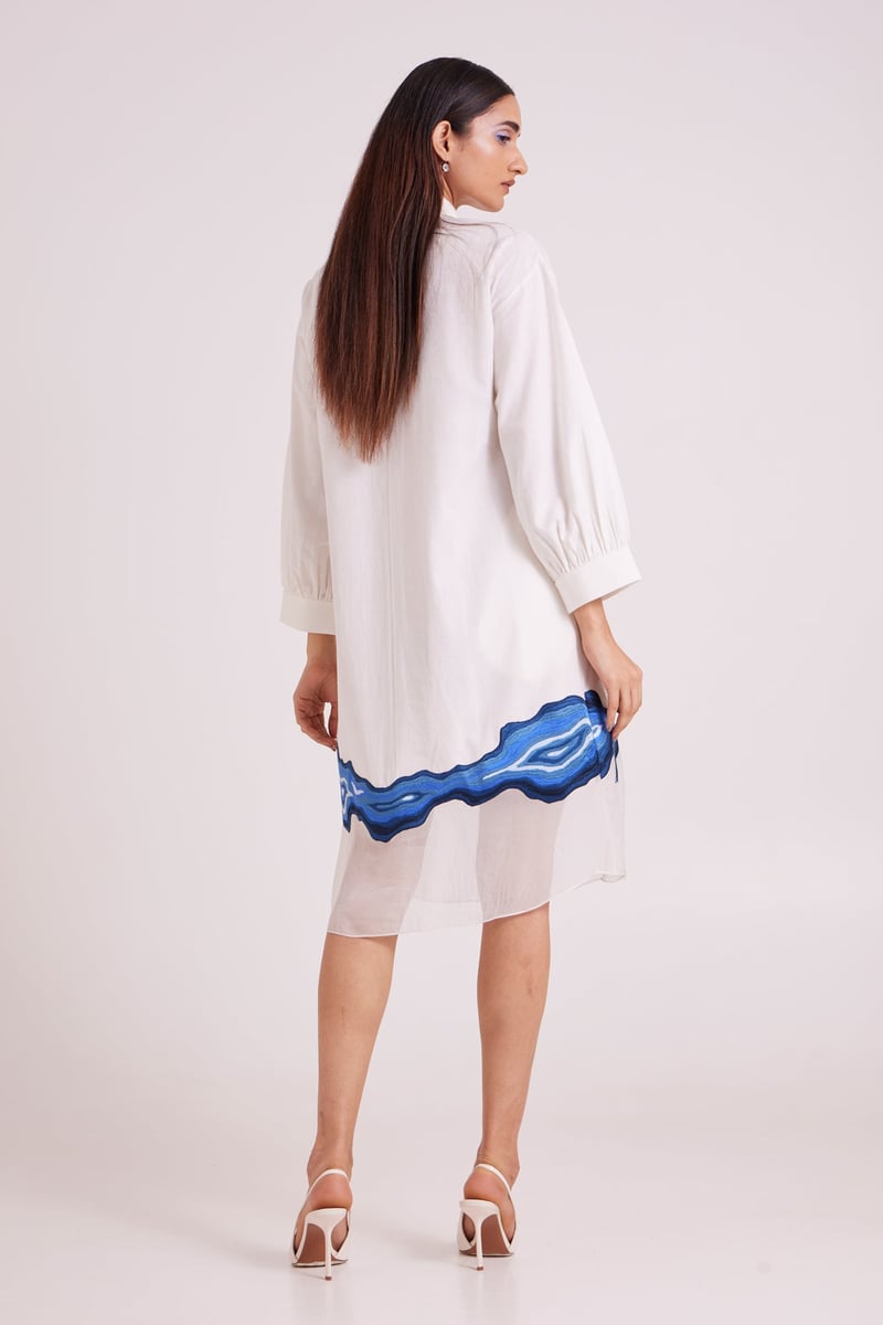 Ivory Midi Shirt Dress with Blue Hem Border