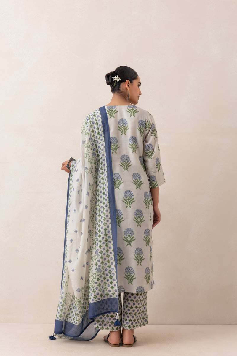 Grey and Blue Floral Buta Printed Kurta Set with Dupatta